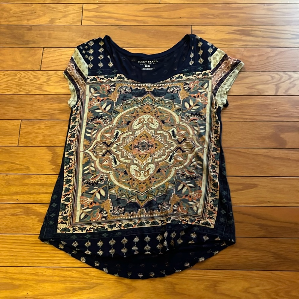 Lucky Brand Top Womens Medium Blue Multicolor Persian Carpet Tee Casual - Picture 2 of 15